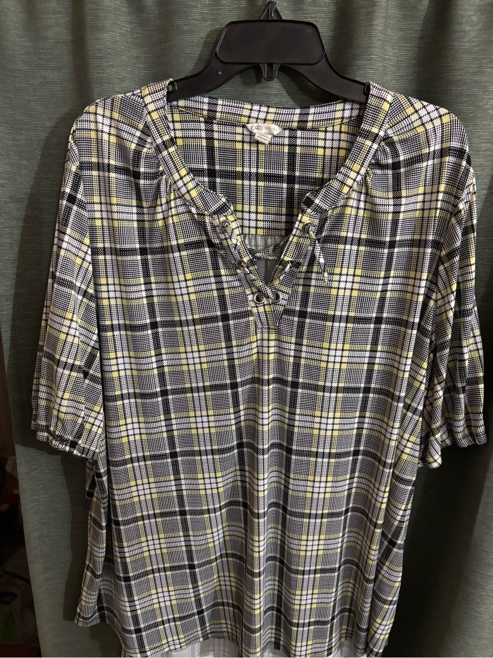 Cato Yellow and Black Plaid Lace-Up Tunic